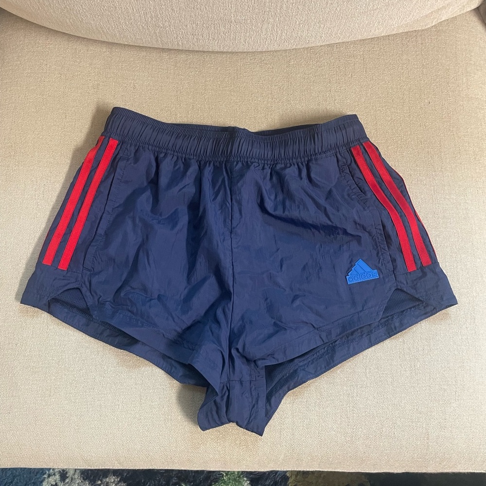 Adidas Navy Blue Athletic Shorts with Red Stripes